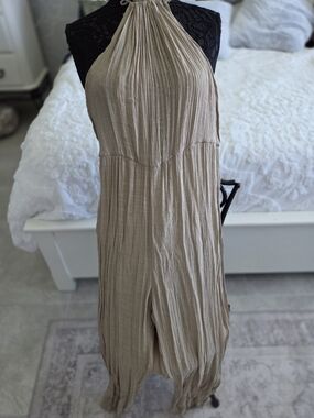 Beige Halter Maxi Dress - Lightweight Pleated Summer Dress